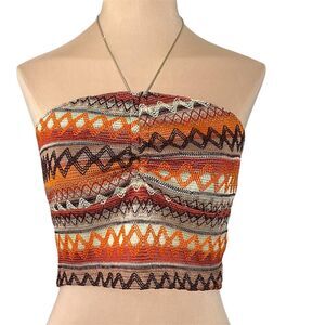 Romwe Orange and Brown Striped Halter Crop Top Festival Boho Size Medium